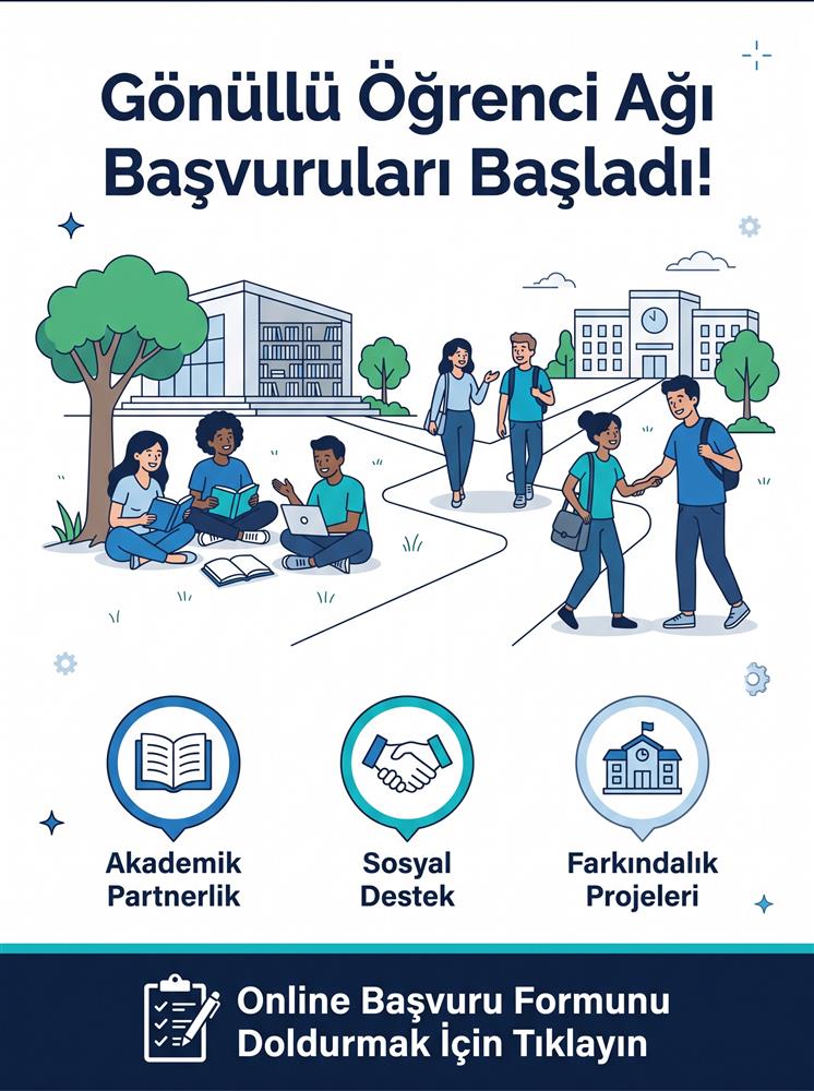 Giresun Üniversitesi Engelsiz Birimi "Gönüllü Öğrenci Ağı Başvuruları Başladı!" duyuru görseli. Görselde kampüs ortamında bir arada bulunan ve yardımlaşan öğrenci illüstrasyonu yer almaktadır. Gönüllülük ağının öne çıkan üç alanı vurgulanmıştır: Akademik Partnerlik, Sosyal Destek ve Farkındalık Projeleri. Görselin alt bandında "Online Başvuru Formunu Doldurmak İçin Tıklayın" eylem çağrısı bulunmaktadır.